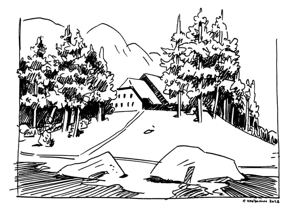 Illustration of Erjavčeva hut by Eva Hartmann