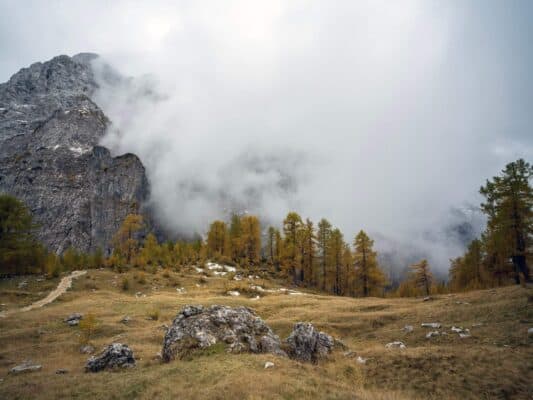 Abgelegene Berglandschaft mit nebelumhüllten Felsgipfeln und herbstlich gefärbten Bäumen bei der Erjavčeva-Hütte.